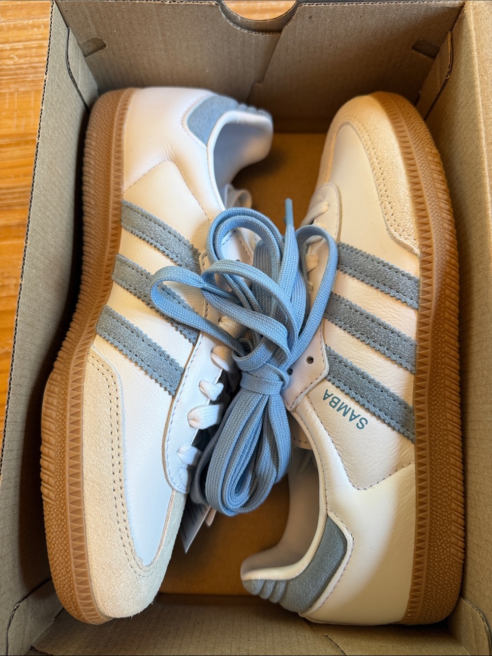 adidas Samba Sneakers in White, Blue-ish Gray & Gum - Picture 9 of 10